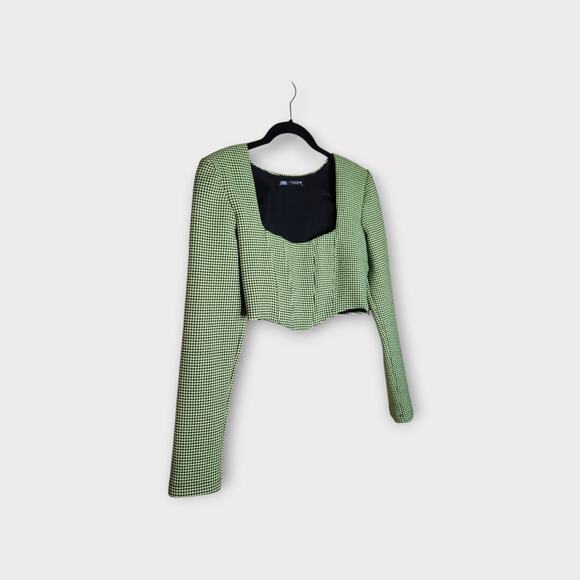 Zara Green Houndstooth Corset Crop Top Square Neck Long Sleeve Y2K Women's Small - Picture 3 of 9